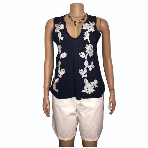 Lucky Brand Top Sleeveless linen Blend blue & white Floral Embroidered size XS - Picture 3 of 11